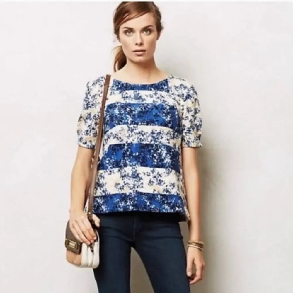 ANTHROPOLOGIE | Postmark Blue Beige Abstract Floral Puff Sleeve Blouse | Small